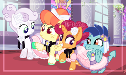 Size: 2232x1328 | Tagged: safe, artist:interstellar-quartz, imported from derpibooru, apple bloom, princess ember, scootaloo, sweetie belle, dragon, pony, alternate design, amaryllisverse, baby, baby dragon, baby ember, cutie mark crusaders, flower filly, flower girl, flower girl dress, marriage, wedding, younger