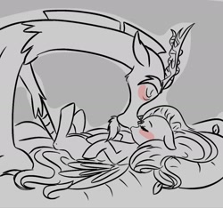 Size: 2048x1920 | Tagged: safe, artist:thechaoticboop, imported from derpibooru, discord, fluttershy, draconequus, pegasus, pony, bed, blushing, discoshy, eyes closed, female, kissing, leaning forward, lying down, male, on back, pillow, shipping, size difference, spread wings, straight, wings