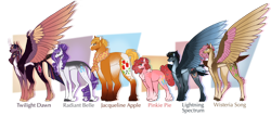 Size: 1280x548 | Tagged: safe, artist:cerulean-crow, imported from derpibooru, applejack, fluttershy, pinkie pie, rainbow dash, rarity, twilight sparkle, alicorn, alternate design, alternate name, female, large wings, mane six, mare, simple background, spread wings, transparent background, twilight sparkle (alicorn), wings