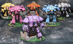 Size: 720x438 | Tagged: safe, artist:parius, imported from derpibooru, applejack, fluttershy, pinkie pie, rainbow dash, rarity, twilight sparkle, custom, customized toy, imperial knight, irl, mane six, mecha, photo, statuette, toy, warhammer (game), warhammer 40k