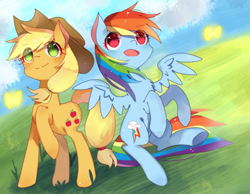 Size: 1079x838 | Tagged: safe, artist:time1023, imported from derpibooru, applejack, rainbow dash, earth pony, pegasus, pony, appledash, big eyes, cloud, cowboy hat, cute, dashabetes, female, freckles, glass, grass, hat, jackabetes, lesbian, lovely, shipping, smiling, wings