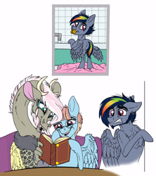 Size: 5279x5952 | Tagged: safe, artist:celestial-rainstorm, imported from derpibooru, windy whistles, oc, oc:athena, oc:jetstream, draconequus, hybrid, pegasus, pony, absurd resolution, baby, baby pony, interspecies offspring, male, offspring, older, parent:discord, parent:fluttershy, parent:rainbow dash, parent:soarin', parents:discoshy, parents:soarindash, stallion