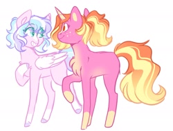 Size: 2035x1545 | Tagged: safe, artist:scarletskitty12, imported from derpibooru, luster dawn, princess flurry heart, pegasus, pony, unicorn, blaze (coat marking), coat markings, colored hooves, duo, facial markings, female, grin, looking at each other, mare, missing cutie mark, missing horn, older, older flurry heart, pale belly, race swap, raised hoof, simple background, smiling, socks (coat markings), white background, white wings