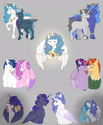 Size: 1920x2335 | Tagged: safe, artist:ganashiashaka, imported from derpibooru, princess cadance, princess celestia, princess flurry heart, princess luna, shining armor, sunburst, twilight sparkle, oc, oc:prince somnium, alicorn, earth pony, pegasus, pony, unicorn, arranged marriage, canon x oc, female, glasses, gray background, infidelity, male, mare, offspring, offspring shipping, older, older flurry heart, parent:princess luna, parent:star swirl the bearded, s1 luna, shiningcadance, shipping, simple background, stallion, straight, twiburst