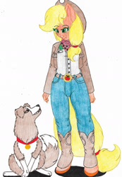 Size: 1280x1847 | Tagged: safe, artist:firestormcabbit, imported from derpibooru, applejack, winona, anthro, dog, earth pony, unguligrade anthro, belt, belt buckle, boots, clothes, cowboy boots, cowboy hat, cowgirl, duo, female, hat, jeans, looking at each other, pants, shoes, simple background, sitting, stetson, traditional art, white background