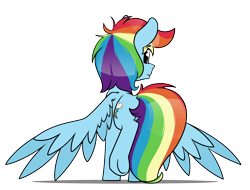 Size: 6300x4800 | Tagged: safe, artist:dacaoo, imported from derpibooru, rainbow dash, pegasus, pony, butt, looking at you, looking back, looking back at you, plot, rainbutt dash, raised hoof, rear view, simple background, solo, spread wings, transparent background, underhoof, wings