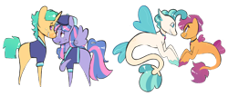 Size: 1280x544 | Tagged: safe, artist:webkore, imported from derpibooru, scootaloo, snails, terramar, wind sprint, pegasus, pony, seapony (g4), unicorn, female, male, mare, older, older scootaloo, older snails, older terramar, older wind sprint, older wind sprit, seaponified, seapony scootaloo, shipping, simple background, species swap, stallion, straight, terraloo, transparent background, windsnails