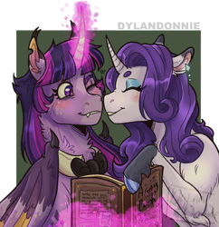 Size: 800x825 | Tagged: safe, artist:dylandonnie, imported from derpibooru, rarity, twilight sparkle, alicorn, pony, unicorn, bat wings, beanbrows, blaze (coat marking), blushing, book, bowtie, chest fluff, cloven hooves, coat markings, colored ears, colored hooves, colored wings, curved horn, ear piercing, earring, eyes closed, facial markings, fangs, female, freckles, glowing horn, horn, jewelry, lesbian, magic, mare, one eye closed, piercing, rarilight, shipping, simple background, socks (coat markings), telekinesis, torn ear, transparent background, twilight sparkle (alicorn), unshorn fetlocks, wings