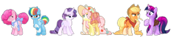 Size: 5394x1175 | Tagged: safe, artist:tsetsera, imported from derpibooru, applejack, fluttershy, pinkie pie, rainbow dash, rarity, twilight sparkle, earth pony, pegasus, pony, unicorn, alternate hairstyle, apron, bag, bandage, bandaid, base used, clothes, female, hat, mane six, mare, neckerchief, saddle bag, simple background, straw in mouth, transparent background, unicorn twilight