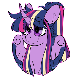Size: 1280x1280 | Tagged: safe, artist:gingygin, imported from derpibooru, twilight sparkle, alicorn, pony, alternate design, alternate hairstyle, beanbrows, bust, curved horn, eyebrows, eyebrows visible through hair, horn, ponytail, portrait, rainbow power, simple background, solo, transparent background, twilight sparkle (alicorn)