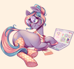 Size: 1280x1199 | Tagged: safe, artist:pastelperyton, artist:physisinwonderland, imported from derpibooru, oc, oc only, earth pony, pony, clothes, computer, female, glasses, laptop computer, lying down, mare, prone, scarf, simple background, socks, solo