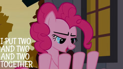 Size: 1280x720 | Tagged: safe, edit, edited screencap, editor:quoterific, imported from derpibooru, screencap, pinkie pie, earth pony, pony, a friend in deed, season 2, female, lidded eyes, mare, open mouth, pinkie being pinkie, solo