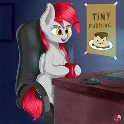 Size: 1280x1280 | Tagged: safe, artist:joaothejohn, imported from derpibooru, oc, oc only, oc:tiny jasmini, pegasus, pony, chair, coffee, computer, computer mouse, female, food, keyboard, open mouth, open smile, pegasus oc, pudding, sitting, smiling, solo