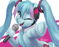 Size: 1280x1024 | Tagged: safe, artist:raphaeldavid, imported from derpibooru, kotobukiya, earth pony, pony, anime, frog (hoof), hatsune miku, headphones, kotobukiya hatsune miku pony, looking at you, microphone, necktie, one eye closed, open mouth, open smile, pointing at you, ponified, smiling, tongue out, underhoof, vocaloid, wink, winking at you