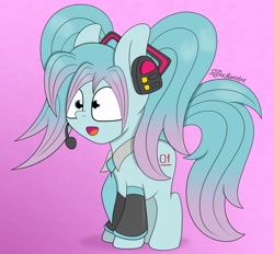 Size: 3000x2789 | Tagged: safe, artist:puperhamster, imported from derpibooru, kotobukiya, earth pony, pony, anime, hatsune miku, headphones, high res, kotobukiya hatsune miku pony, microphone, necktie, open mouth, ponified, simple background, smiling, vocaloid