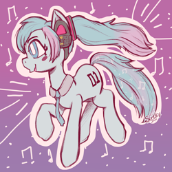 Size: 2048x2048 | Tagged: safe, artist:scribleydoodles, imported from derpibooru, kotobukiya, earth pony, pony, anime, female, hatsune miku, high res, kotobukiya hatsune miku pony, mare, music notes, necktie, ponified, raised hoof, raised leg, solo, vocaloid