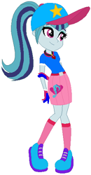 Size: 280x537 | Tagged: safe, artist:selenaede, artist:user15432, imported from derpibooru, sonata dusk, human, equestria girls, base used, base:selenaede, baseball cap, belt, blue dress, cap, clothes, cutie mark, cutie mark on clothes, gloves, golf, hand on arm, hat, jewelry, necklace, palindrome get, pendant, pink socks, shoes, sneakers, socks, solo, sports, sports outfit, sporty style