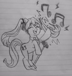 Size: 3072x3222 | Tagged: source needed, safe, artist:siggy, imported from derpibooru, kotobukiya, earth pony, pony, anime, bipedal, female, hatsune miku, high res, kotobukiya hatsune miku pony, mare, microphone, music notes, pencil drawing, ponified, solo, traditional art, vocaloid