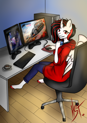 Size: 2894x4093 | Tagged: safe, artist:neosimtea, imported from derpibooru, oc, oc:morningstar darkwater, alicorn, anthro, chair, clothes, coffee, coffee cup, computer, computer mouse, cup, desk, forza horizon 4, headphones, hoodie, keyboard, looking at you, monitor, morningstar darkwater, mousepad, office chair, pants, steam (software), video game