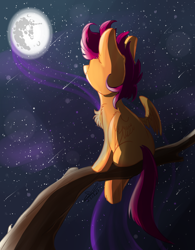 Size: 1500x1926 | Tagged: safe, artist:yuris, imported from derpibooru, nightmare moon, scootaloo, pegasus, pony, branches, in a tree, mare in the moon, moon, night, on a branch, sky, solo, starry night