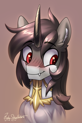 Size: 2000x3000 | Tagged: safe, artist:jedayskayvoker, imported from derpibooru, oc, oc only, oc:kain invicta, pony, blushing, bust, clothes, dress, eyebrows, eyebrows visible through hair, fangs, gradient background, high res, icon, male, portrait, shy, smiling, solo, stallion