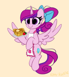 Size: 533x600 | Tagged: safe, artist:kittyrosie, artist:szafir87, imported from derpibooru, princess cadance, alicorn, pony, alternate hairstyle, animated, apron, blushing, bow, clothes, cute, cutedance, flying, food, gif, hair bow, herbivore, ponytail, simple background, smiling, solo, strawberry, szafir87 is trying to murder us, waffle