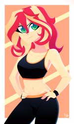 Size: 1830x3048 | Tagged: safe, artist:xan-gelx, imported from derpibooru, imported from ponybooru, sunset shimmer, equestria girls, adorasexy, bare shoulders, belly button, breasts, cleavage, clothes, cute, female, hand on hip, high res, looking at you, midriff, pants, reasonably sized breasts, sexy, sleeveless, solo, sports bra, workout outfit, wristband, yoga pants