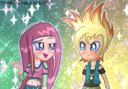 Size: 1163x815 | Tagged: safe, artist:diamond-bases, artist:lumi-infinite64, artist:prismagalaxy514, imported from derpibooru, human, equestria girls, barely eqg related, base used, cartoon network, clothes, crossover, equestria girls style, equestria girls-ified, gradient background, johnny test, johnny test (character), looking at each other, open mouth, roxy (winx club), sparkly, sparkly background, winx club