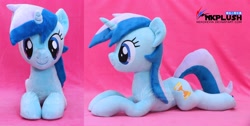 Size: 4096x2065 | Tagged: safe, artist:nekokevin, imported from derpibooru, minuette, pony, unicorn, female, irl, life size, looking at you, lying down, mare, obtrusive watermark, photo, plushie, prone, side view, smiling, solo, watermark