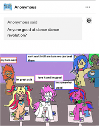 Size: 1211x1545 | Tagged: safe, artist:ask-luciavampire, imported from derpibooru, oc, alicorn, earth pony, pegasus, pony, unicorn, ask, ask ponys gamer club, ask-ponys-gamer-club, dancing, game, tumblr