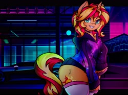 Size: 4096x3047 | Tagged: safe, artist:canvymamamoo, imported from derpibooru, sunset shimmer, pony, semi-anthro, unicorn, bipedal, chest fluff, choker, clothes, ear fluff, female, grin, hoodie, looking at you, mare, retrowave, smiling, socks, solo, stockings, thigh highs, unshorn fetlocks