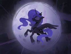 Size: 2224x1668 | Tagged: safe, artist:frozenspots, imported from derpibooru, princess luna, alicorn, pony, eyes closed, female, flying, full moon, mare, moon, profile, solo, spread wings, wings