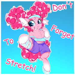 Size: 2500x2500 | Tagged: safe, artist:rurihal, imported from derpibooru, pinkie pie, earth pony, pony, alternate hairstyle, chest fluff, clothes, ear fluff, gradient background, grin, high res, hoof fluff, pinkie puffs, smiling, solo, stretching