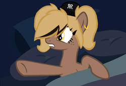 Size: 902x618 | Tagged: safe, artist:rochelle2014, imported from derpibooru, oc, oc only, oc:rochelle, earth pony, pony, ear piercing, earring, earth pony oc, eyelashes, hair over eyes, hat, jewelry, piercing, raised hoof, solo, underhoof