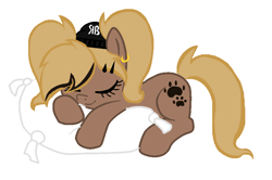 Size: 874x582 | Tagged: safe, artist:rochelle2014, imported from derpibooru, oc, oc only, oc:rochelle, earth pony, pony, ear piercing, earring, earth pony oc, eyelashes, hat, jewelry, piercing, pillow, simple background, sleeping, smiling, solo, white background