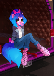 Size: 1400x1950 | Tagged: safe, artist:zlatavector, imported from derpibooru, oc, oc only, oc:neon synthwave, anthro, earth pony, pony, bow, bubblegum, car, clothes, commission, crowbar, female, fishnets, food, gum, hair bow, mare, solo