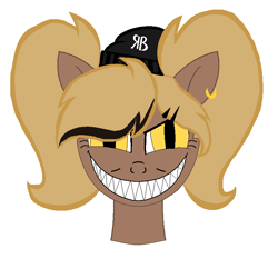 Size: 782x730 | Tagged: safe, artist:rochelle2014, imported from derpibooru, oc, oc only, oc:rochelle, earth pony, pony, bust, ear piercing, earring, earth pony oc, eyelashes, grin, hat, jewelry, piercing, sharp teeth, simple background, smiling, solo, teeth, white background