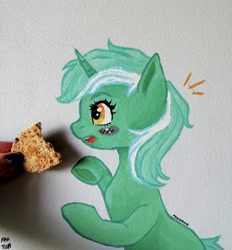 Size: 3120x3357 | Tagged: safe, artist:meqiopeach, imported from derpibooru, lyra heartstrings, pony, unicorn, blushing, cookie, cute, fanart, food, hand, high res, hoof hold, irl, lyrabetes, paint, painting, photo, real life background, realistic, solo, surprised, traditional art