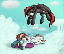 Size: 3000x2520 | Tagged: safe, artist:silverhopexiii, imported from derpibooru, oc, oc only, oc:shining sky, unnamed oc, pegasus, pony, cloud, duo, eyes closed, grin, high res, nose wrinkle, on a cloud, pegasus oc, pounce, sleeping, sleeping on a cloud, smiling, unshorn fetlocks, wings