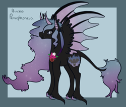 Size: 1750x1500 | Tagged: safe, artist:misskanabelle, imported from derpibooru, oc, oc only, oc:persephoneia, demon, demon pony, original species, pony, abstract background, ethereal mane, ethereal wings, female, hoof fluff, horns, hybrid wings, leonine tail, mare, signature, solo, starry mane, wings