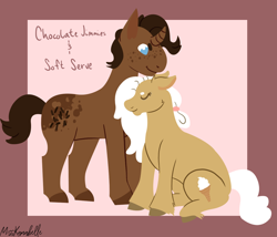 Size: 1750x1500 | Tagged: safe, artist:misskanabelle, imported from derpibooru, oc, oc only, oc:chocolate jimmies, oc:soft serve, earth pony, pony, unicorn, abstract background, colored hooves, duo, earth pony oc, freckles, horn, nuzzling, signature, unicorn oc