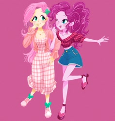 Size: 1945x2048 | Tagged: safe, artist:binco_293, imported from derpibooru, fluttershy, pinkie pie, human, equestria girls, clothes, duo, eyebrows, eyebrows visible through hair, female, flutterpie, legs, lesbian, looking at each other, one eye closed, open mouth, open smile, pink background, shipping, shorts, simple background, smiling, smiling at each other