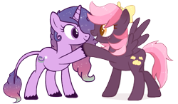 Size: 1075x628 | Tagged: safe, artist:floofyhoof, artist:misskanabelle, imported from derpibooru, oc, oc only, oc:aurora star, oc:dusky sky, pegasus, pony, unicorn, base used, collaboration, duo, ethereal mane, female, hair over one eye, hoofbump, horn, leonine tail, mare, pegasus oc, simple background, starry mane, transparent background, unicorn oc, unshorn fetlocks, wings