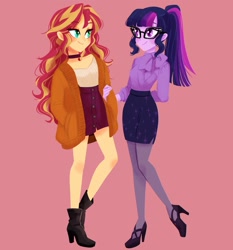 Size: 1409x1512 | Tagged: safe, artist:binco_293, imported from derpibooru, sci-twi, sunset shimmer, twilight sparkle, human, equestria girls, clothes, female, geode of empathy, glasses, high heels, legs, lesbian, looking at each other, magical geodes, scitwishimmer, shipping, shoes, simple background, skirt, sunsetsparkle