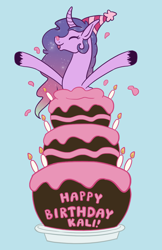 Size: 1030x1594 | Tagged: safe, artist:misskanabelle, imported from derpibooru, oc, oc only, oc:aurora star, pony, unicorn, birthday cake, cake, curved horn, eyes closed, female, food, happy birthday, hat, horn, mare, party hat, signature, simple background, smiling, solo, unicorn oc