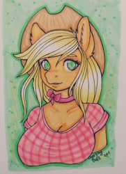 Size: 1400x1935 | Tagged: safe, artist:cheezayballz, imported from derpibooru, applejack, anthro, earth pony, applejack's hat, breasts, bust, busty applejack, clothes, cowboy hat, female, green background, hat, marker drawing, portrait, shirt, signature, simple background, solo, traditional art