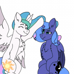 Size: 768x768 | Tagged: safe, artist:valkiria, imported from derpibooru, princess celestia, princess luna, alicorn, pony, animated, boop, chest fluff, cute, cutelestia, duo, duo female, eye clipping through hair, eyes closed, female, frame by frame, frown, head pat, horn, luna is not amused, lunabetes, mare, pat, royal sisters, s1 luna, siblings, simple background, sisters, sitting, smiling, unamused, wings