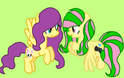 Size: 690x432 | Tagged: safe, artist:liikeasweet tfm, imported from derpibooru, oc, oc:fluttergames, oc:liikeasweet, green background, simple background