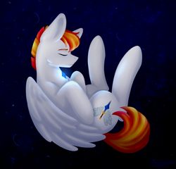 Size: 922x885 | Tagged: safe, artist:dharmonystar, imported from derpibooru, oc, oc only, oc:shining sky, horse, pegasus, pony, glow, glowing, male, pegasus oc, sky, sleeping, solo, stallion, tail, thinking, wings