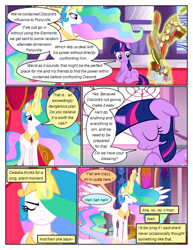 Size: 612x792 | Tagged: safe, artist:newbiespud, edit, edited screencap, imported from derpibooru, screencap, princess celestia, twilight sparkle, alicorn, pony, unicorn, comic:friendship is dragons, the crystal empire, bag, comic, dialogue, eyes closed, female, glowing horn, hoof shoes, horn, indoors, magic, mare, peytral, quill, screencap comic, scroll, smiling, telekinesis, unicorn twilight, wings